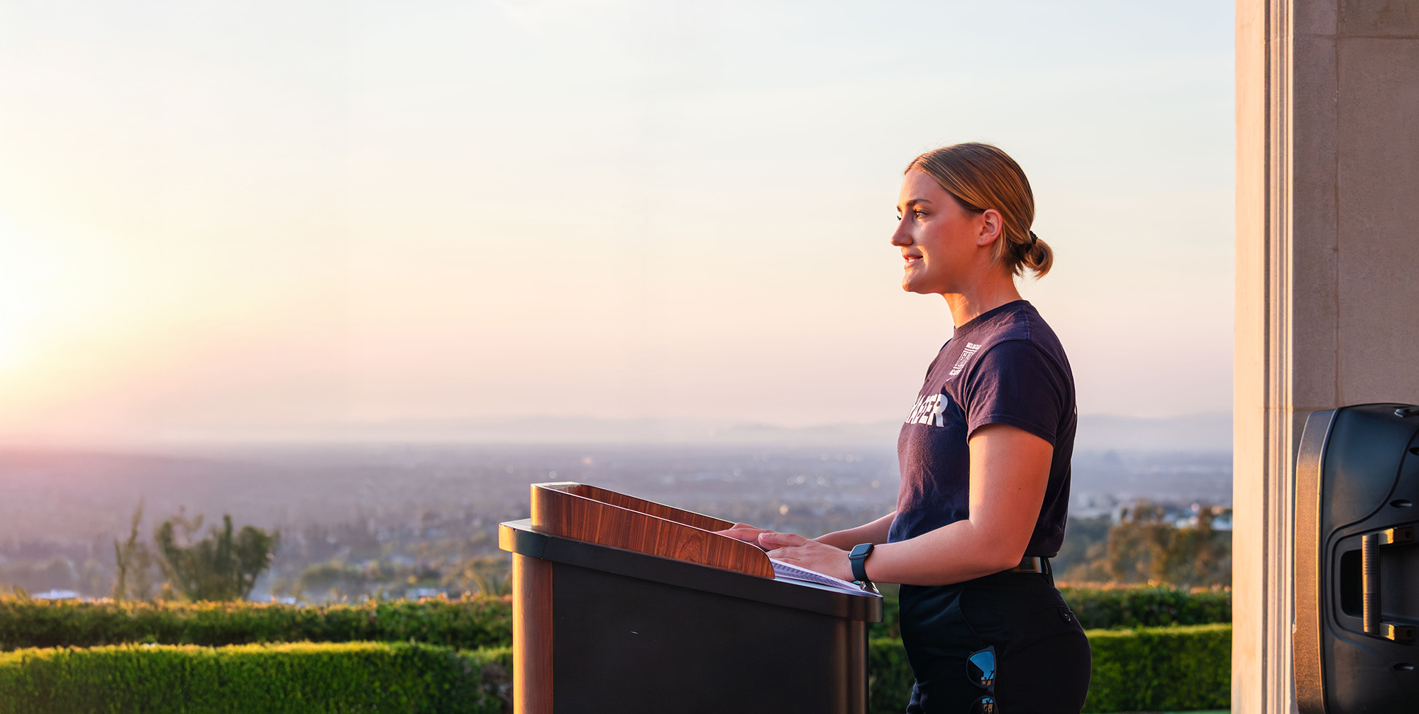 Lauren Schaefer speaking at Fire Academy graduation