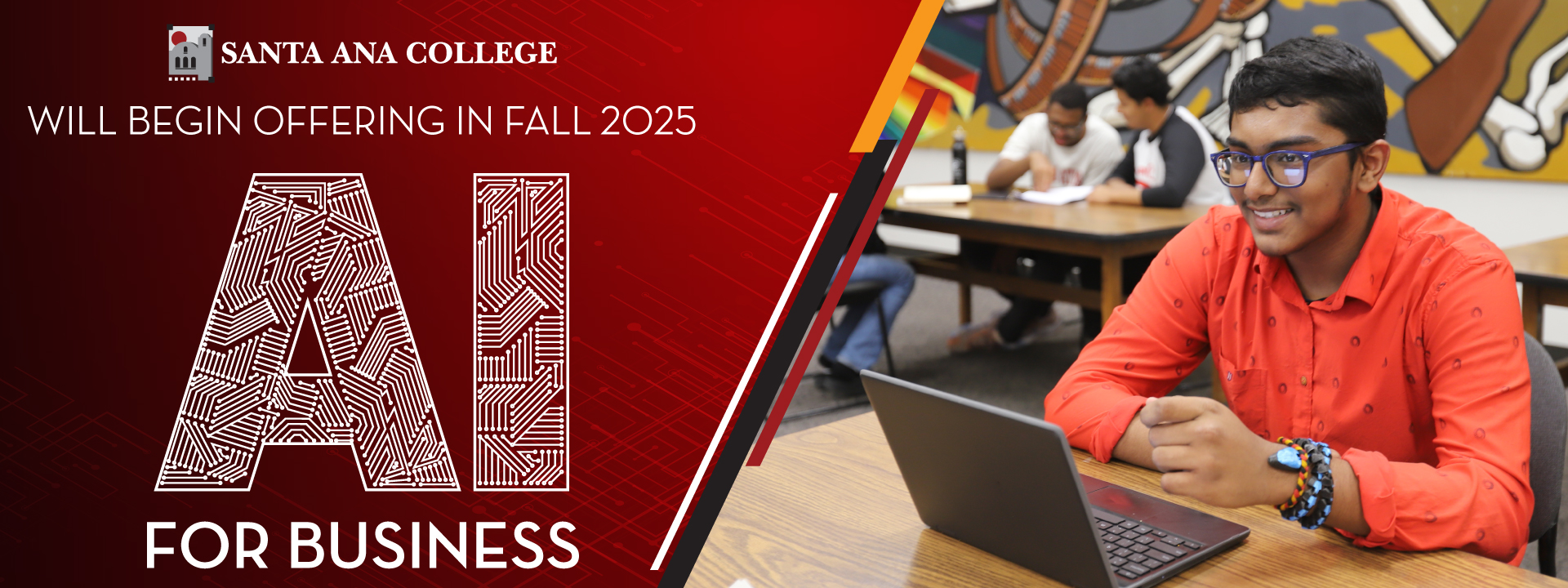 South Asian male student looking at laptop with caption reading "SAC will begin offering AI for Business in fall 2025"