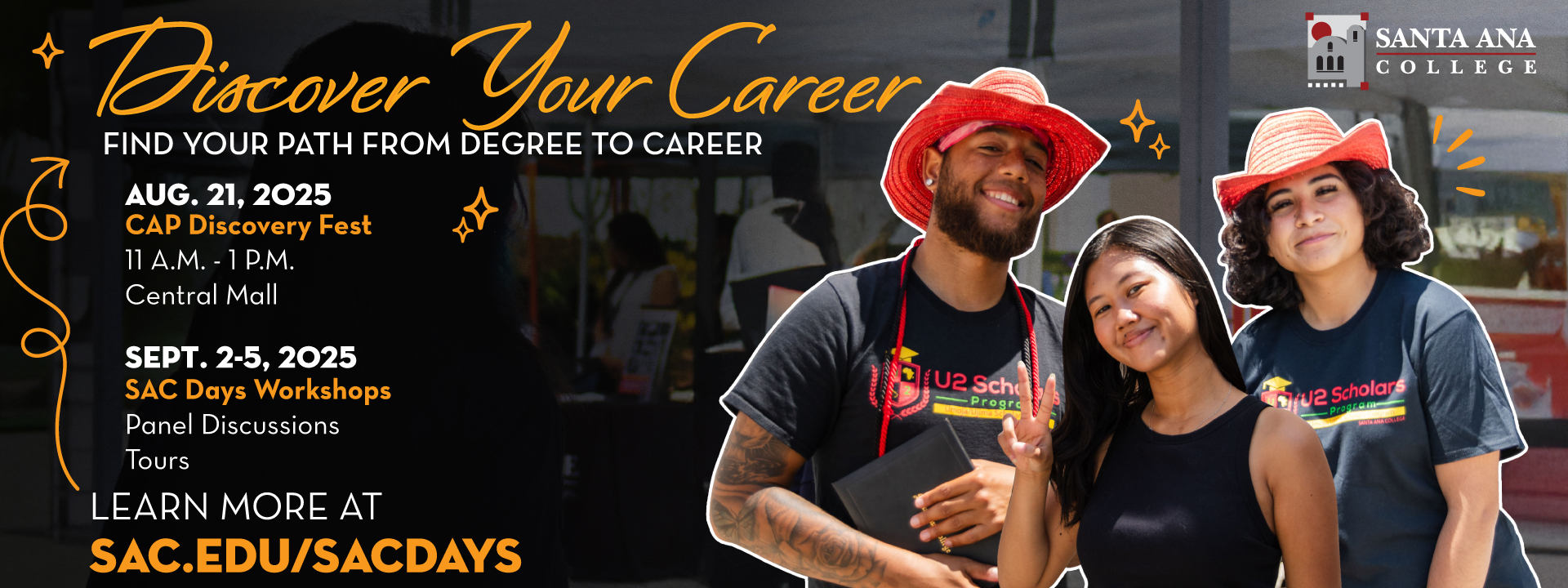 A black male student, asian female, and latina student in a group photo with text above them reading "Discover your career!" 