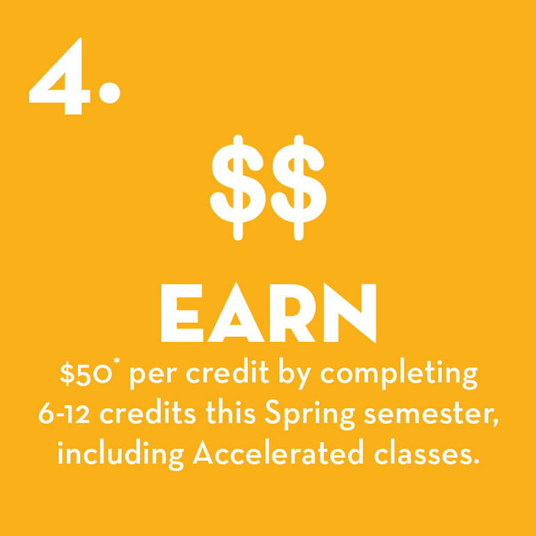 earn $50 per credit by completing 6-12 credits this Spring semester, including accelerated classes. 