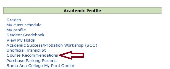 Screenshot of academic profile menu in web advisor