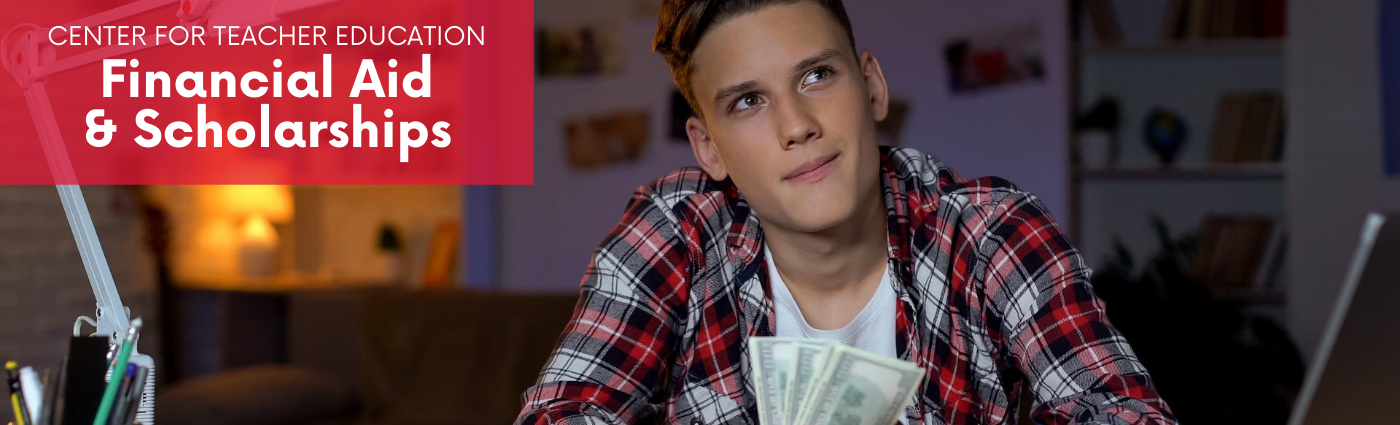 Financial Aid & Scholarships web banner featuring student with dollar bills in hand
