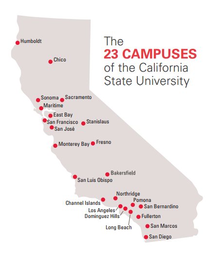 Map image of CSU campuses throughout California. There are 23 CSU campuses.