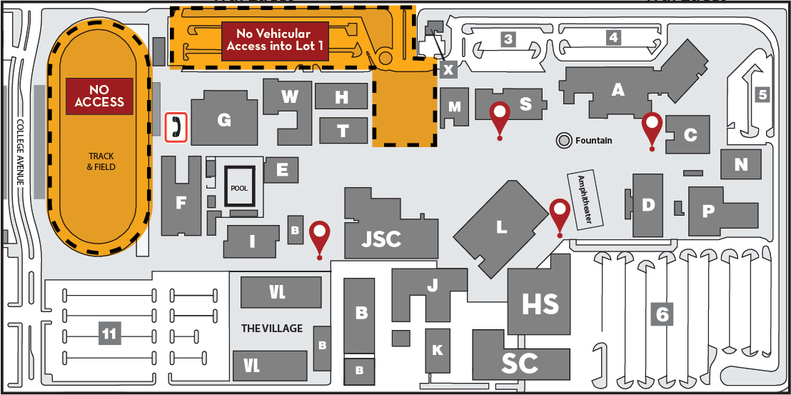 Wayfinder location map with marks behind S-Building, left of the JSC, right of library, and in front of C-Building. 
