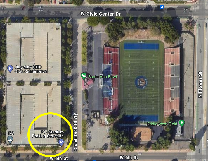 map of Eddie West Field and parking structure, with lot circled on 6th street and Coach Dick Hill Hwy