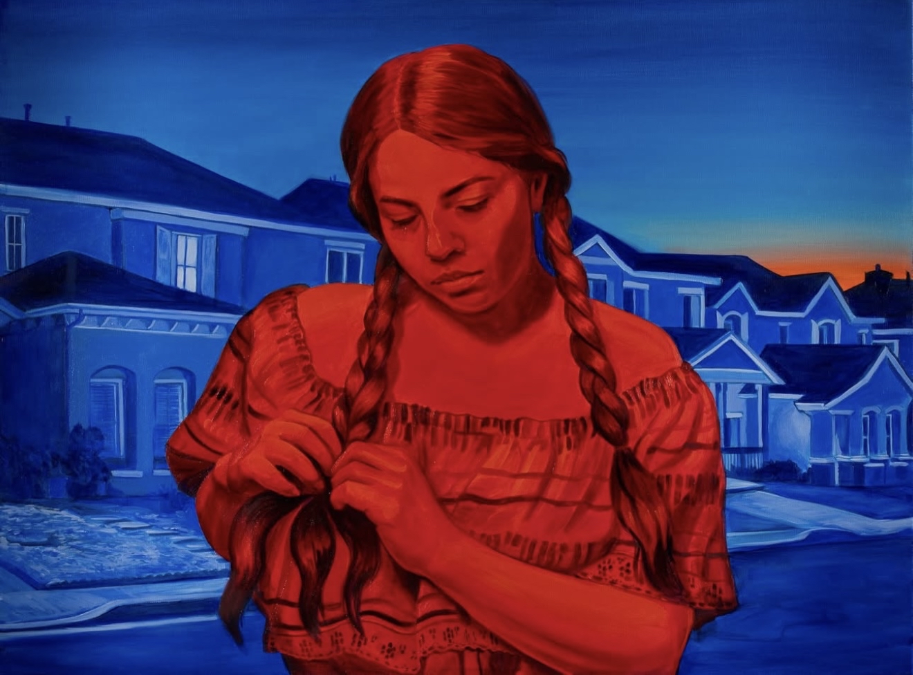 painting of hispanic girl in traditional garb colored in red surrounded by a suburban houses painted all in blue.